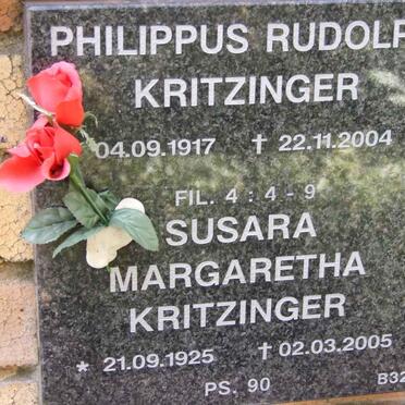 KRITZINGER Philippus Rudolph 1917-2004 &amp; Susara Margaretha 1925-2005