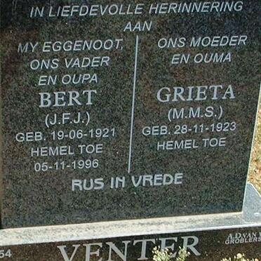 VENTER J.F.J. 1921-1996 &amp; M.M.S. 1923-