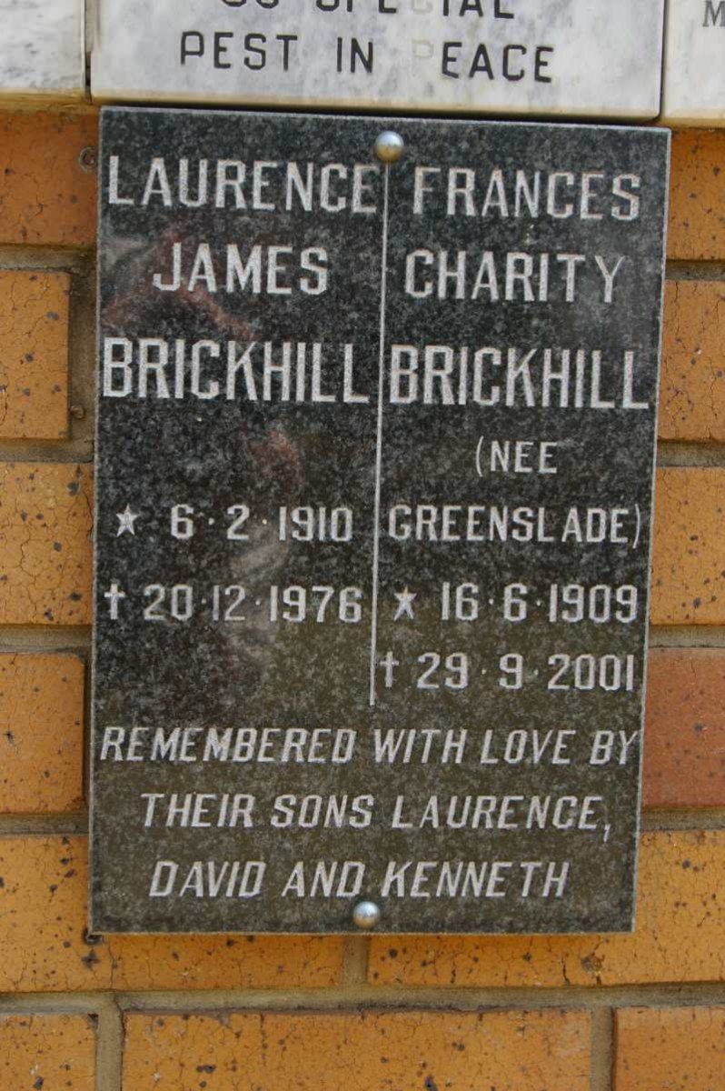 BRICKHILL Laurence James 1910-1976 &amp; Frances Charity GREENSLADE 1909-2001
