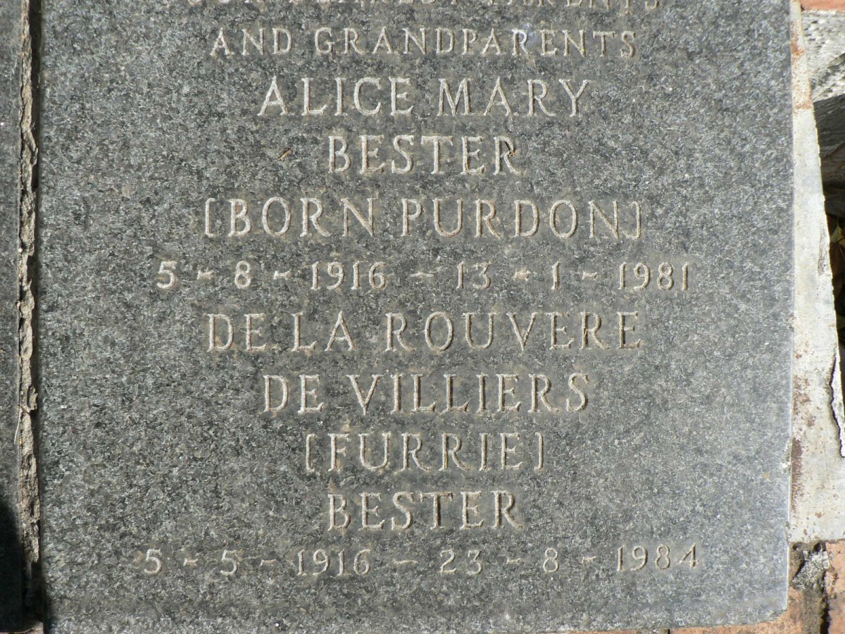 BESTER De la Rouvere De Villiers 1916-1984 &amp; Alice Mary PURDON 1916-1981