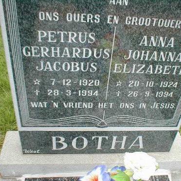 BOTHA Petrus Gerhardus Jacobus 1920-1994 &amp; Anna Johanna Elizabeth 1924-1994