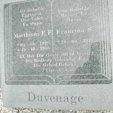 DUVENAGE Marthinus F.F. 1919-1998 &amp; Francina S. 1918-