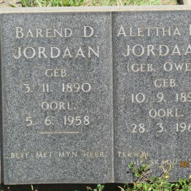 JORDAAN Barend D. 1890-1958 &amp; Alettha H.P. OWEN 1895-1963
