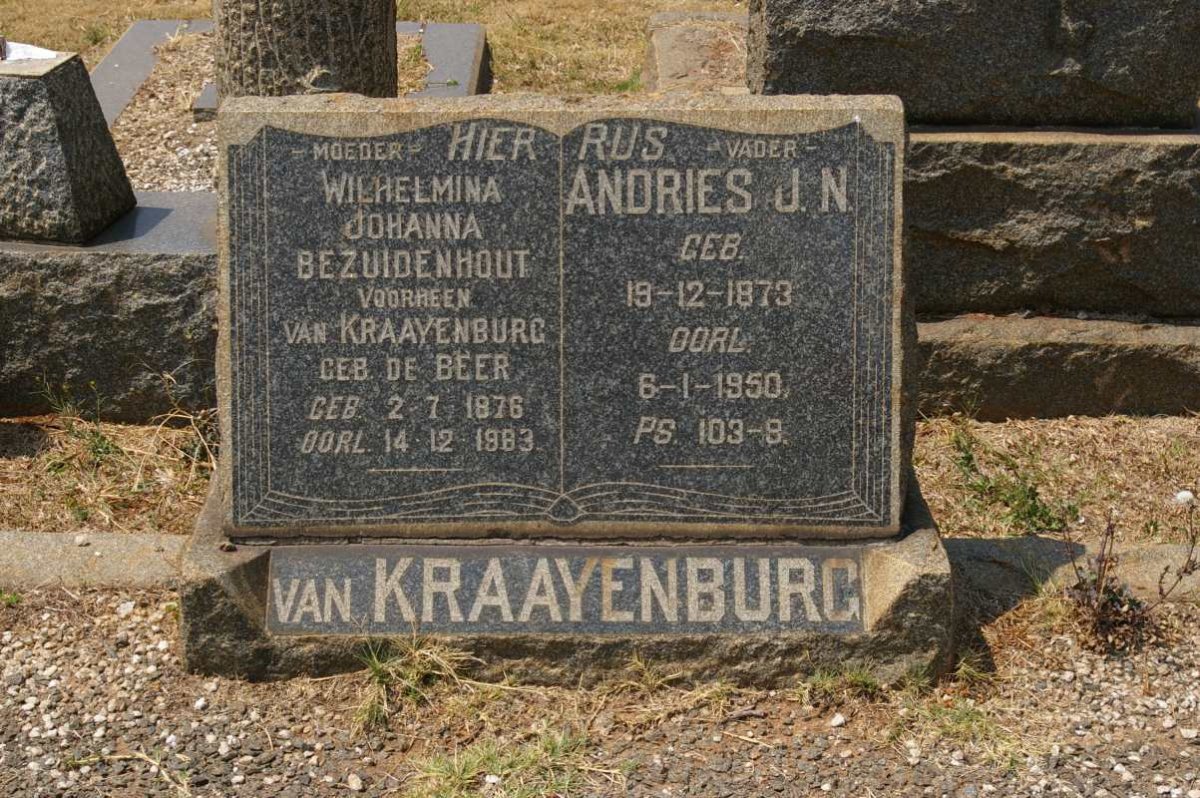 KRAAYENBURG Andries J.N., van 1873-1950 &amp; BEZUIDENHOUT Wilhelmina Johanna voorheen KRAAYENBURG nee DE BEER 1876-1983