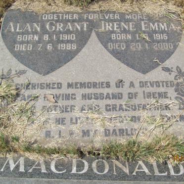 MACDONALD Alan Grant 1910-1988 &amp; Irene Emma 1915-2000