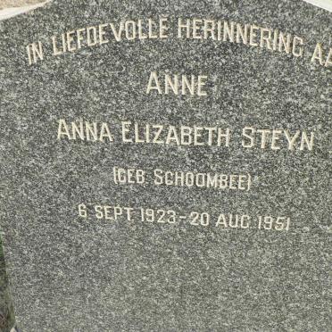 STEYN Anna Elizabeth nee SCHOOMBEE 1923-1951