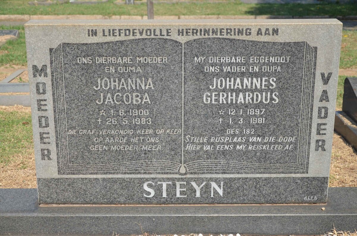 STEYN Johannes Gerhardus 1897-1981 &amp; Johanna Jacoba 1900-1983
