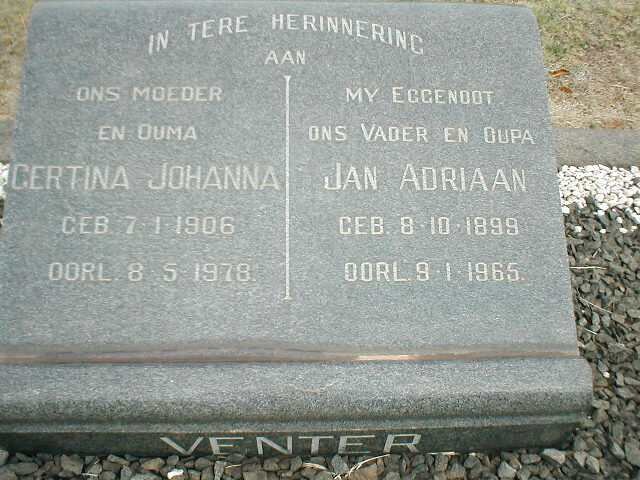 VENTER Jan Adriaan 1899-1965 &amp; Gertina Johanna 1906-1978