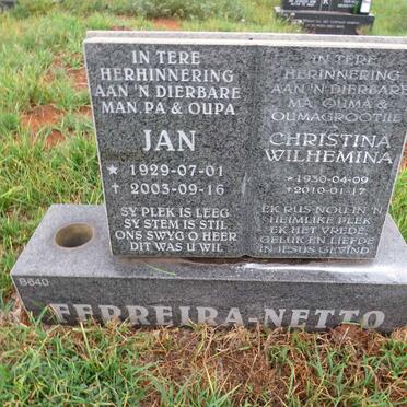NETTO Jan, FERREIRA- 1929-2003 & Christina Wilhemina 1930-2010