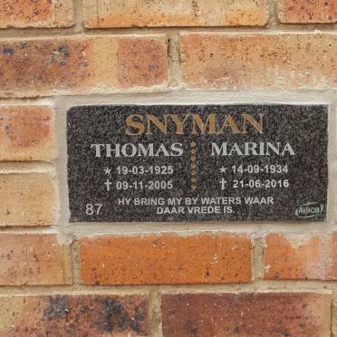 SNYMAN Thomas 1925-2005 &amp; Marina 1934-2016