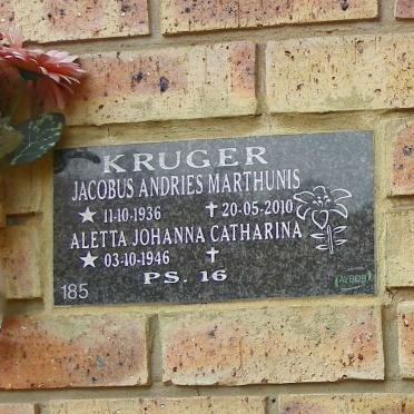 KRUGER Jacobus Andries Marthunis 1936-2010 &amp; Aletta Johanna Catharina 1946-