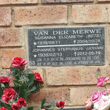 MERWE Johannes Stephanus, van der 1938-2012 &amp; Susanna Elizabeth 1939-2004