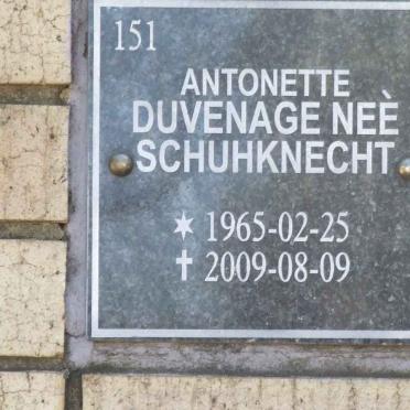 DUVENAGE Antonette nee SCHUHKNECHT 1965-2009