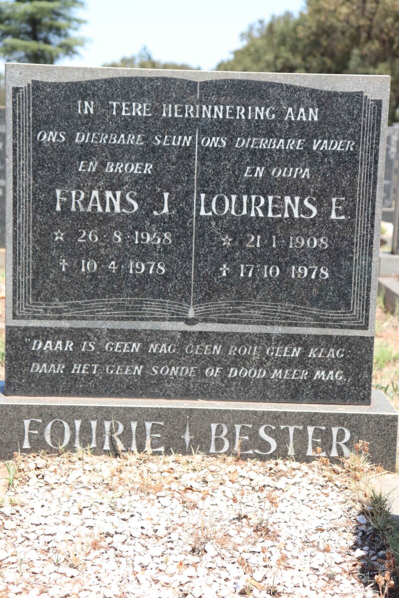 FOURIE Frans J. 1958-1978 :: BESTER Lourens E. 1908-1978