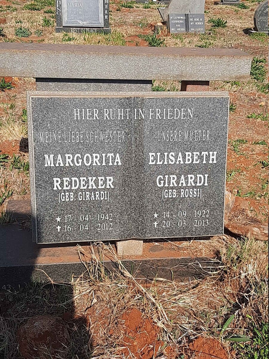 GIRARDI Elisabeth nee ROSSI 1922-2013 :: REDEKER Margorita nee GIRARDI 1942-2012 