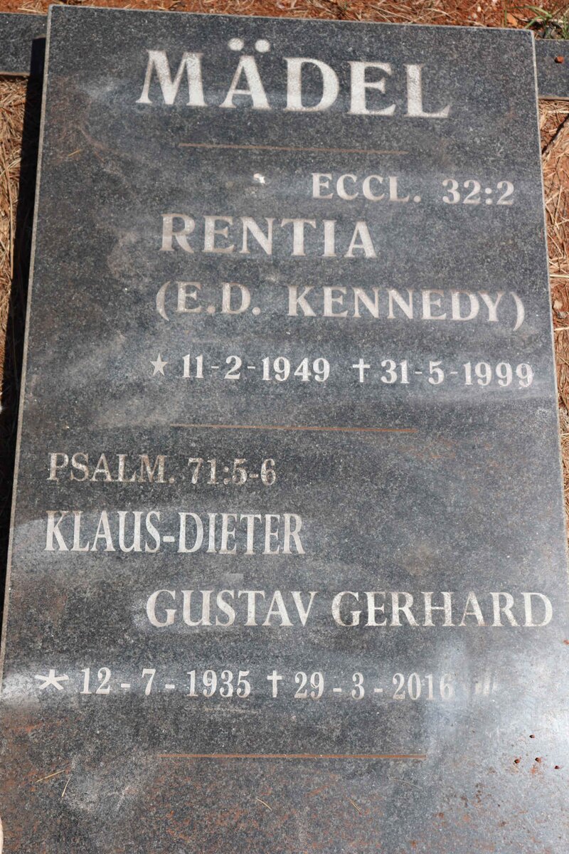 MADEL Klaus-Dieter Gustav Gerhard 1935-2016 & Rentia E.D. KENNEDY 1949-1999  