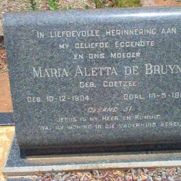 BRUYN  Maria Aletta, de nee COETZEE  1904-1963