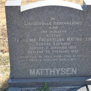 MATTHYSEN Francina Fredericka nee BARNARD 1883-1954