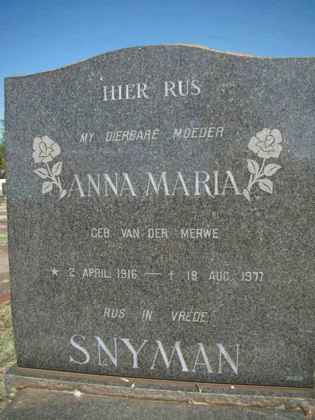 SNYMAN Anna Maria nee VAN DER MERWE 1916-1977