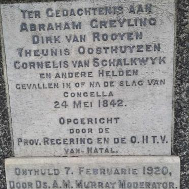 2. Ter gedachtenis aan helden gevallen in of na de Slag van Congella 24 Mei 1842 (Sien name)
