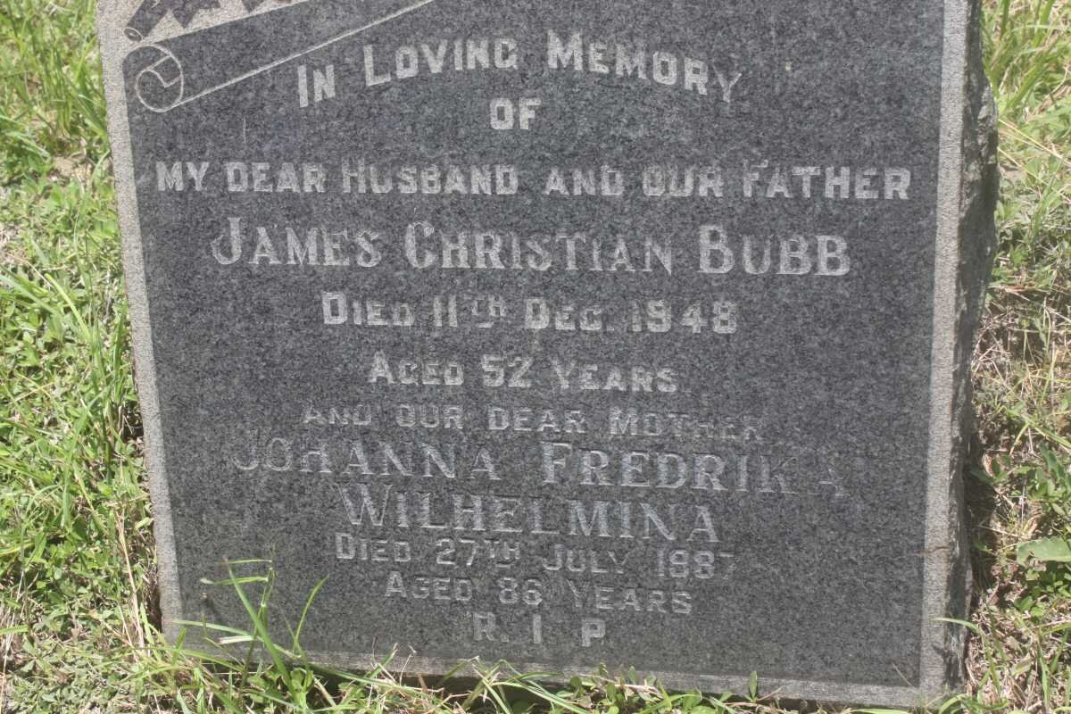 BUBB James Christian -1948 &amp; Johanna Fredrika Wilhelmina -1987