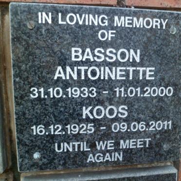 BASSON Koos 1925-2011 &amp; Antoinette 1933-2000