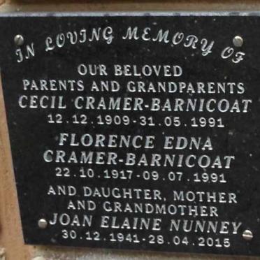 BARNICOAT Cecil, CRAMER 1909-1991 &amp; Florence Edna 1917-1991 :: NUNNEY Joan Elaine 1941-2015