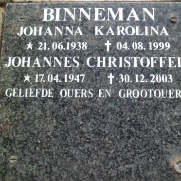 BINNEMAN Johannes Christoffel 1947-2003 &amp; Johanna Karolina 1938-1999