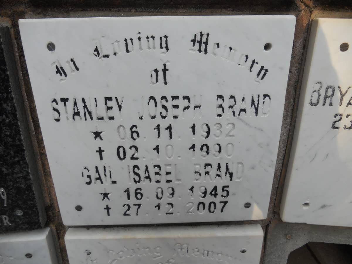 BRAND Stanley Joseph 1932-1990 &amp; Gail Isabel 1945-2007
