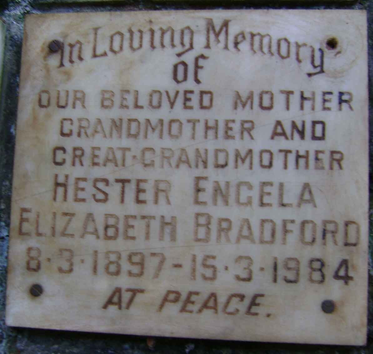 BRADFORD Hester Engela Elizabeth 1897-1984