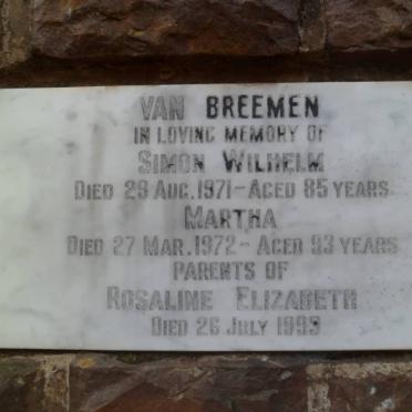 BREEMEN Simon Wilhelm, van -1971 &amp; Martha -1972 :: BREEMEN Rosaline Elizabeth, van -1993