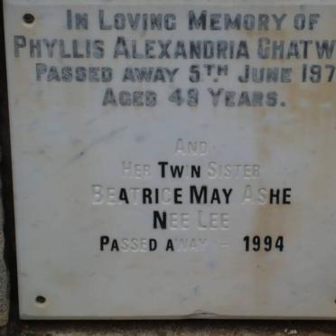 CHATWIND Phyllis Alexandria -1970 :: ASHE Beatrice May nee LEE -1994