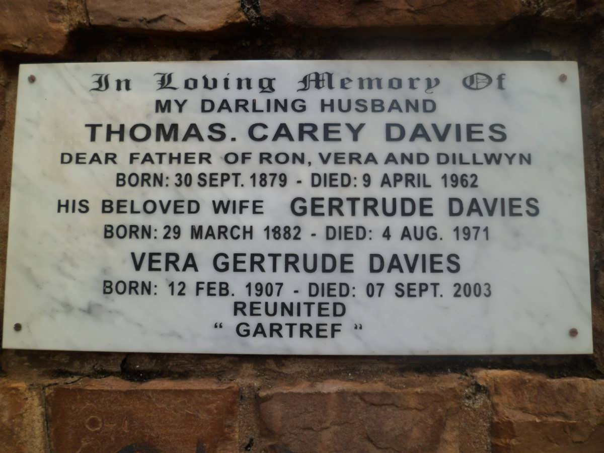 DAVIES Thomas Carey 1879-1962 &amp; Gertrude 1882-1971 :: DAVIES Vera Gertrude 1907-2003