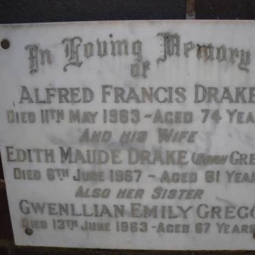 DRAKE Alfred Francis -1963 &amp; Edith Maude GREGG -1967 :: GREGG Gwenllian Emily -1963