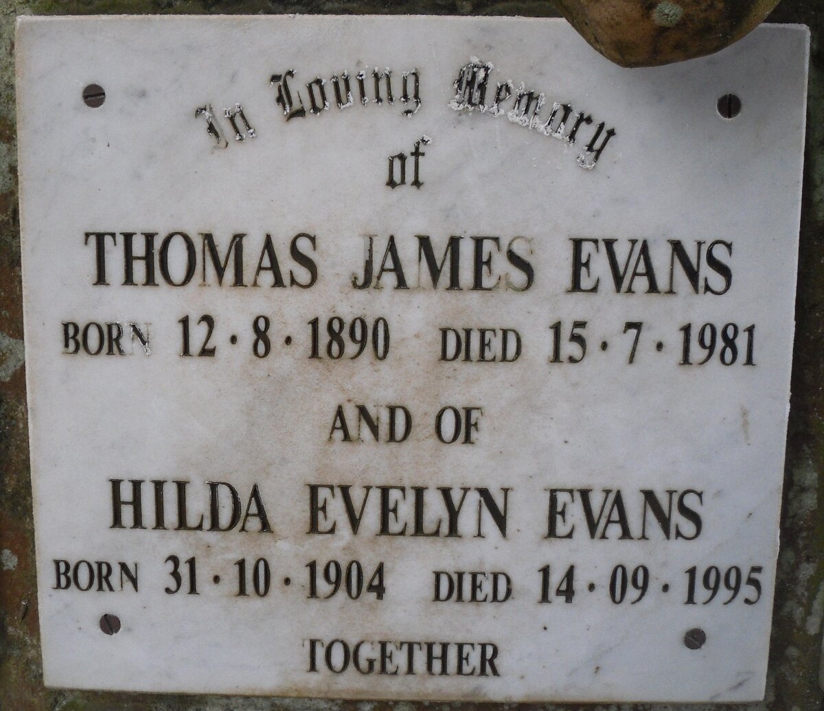 EVANS Thomas James 1890-1981 &amp; Hilda Evelyn 1904-1995