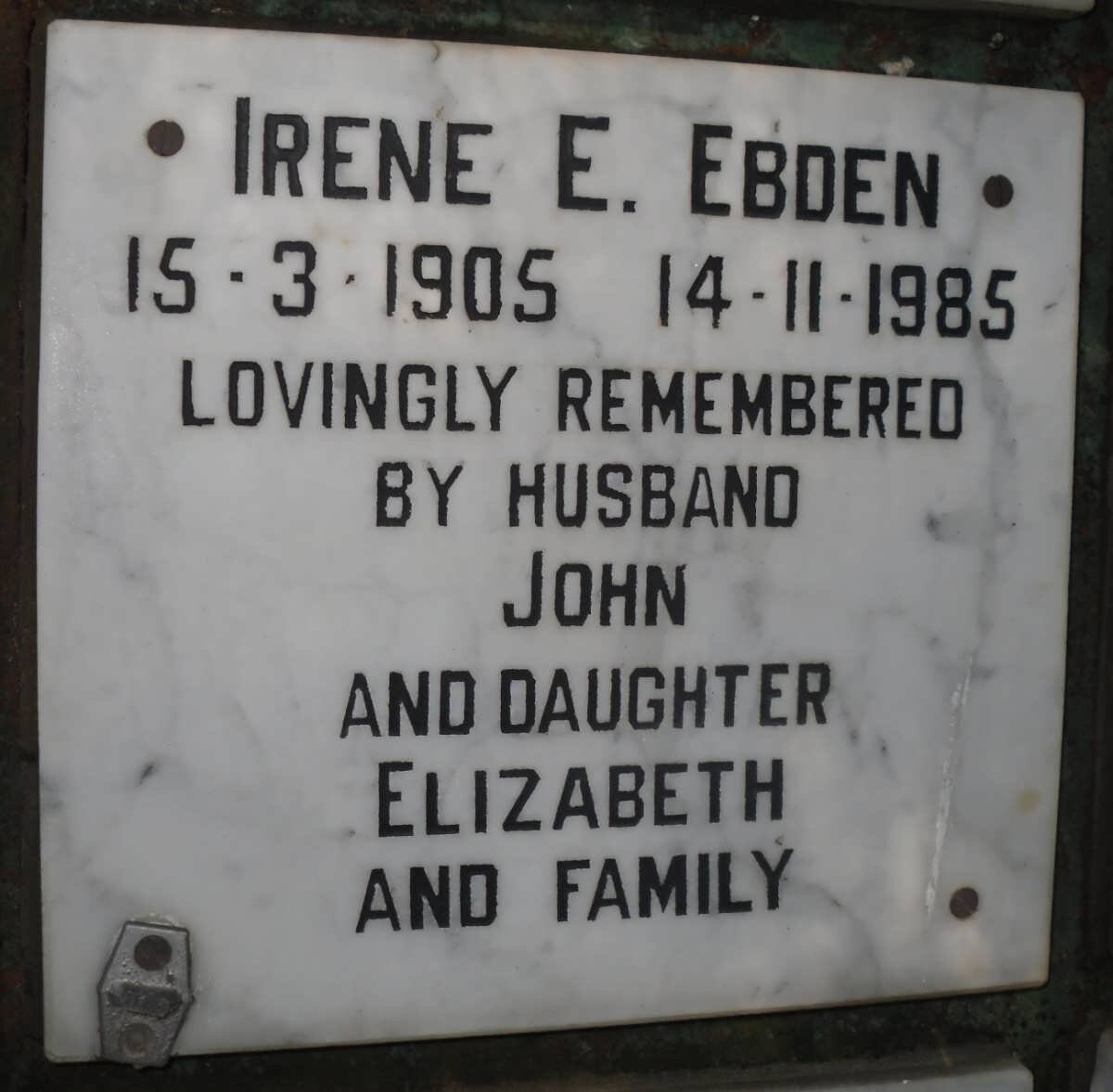 EBDEN Irene E. 1905-1985