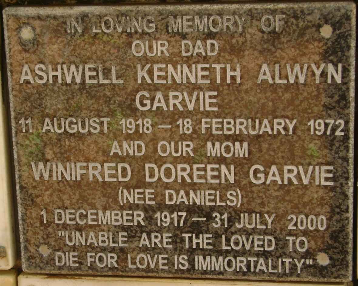 GARVIE Ashwell Kenneth Alwyn 1918-1972 &amp; Winifred Doreen DANIELS 1917-2000
