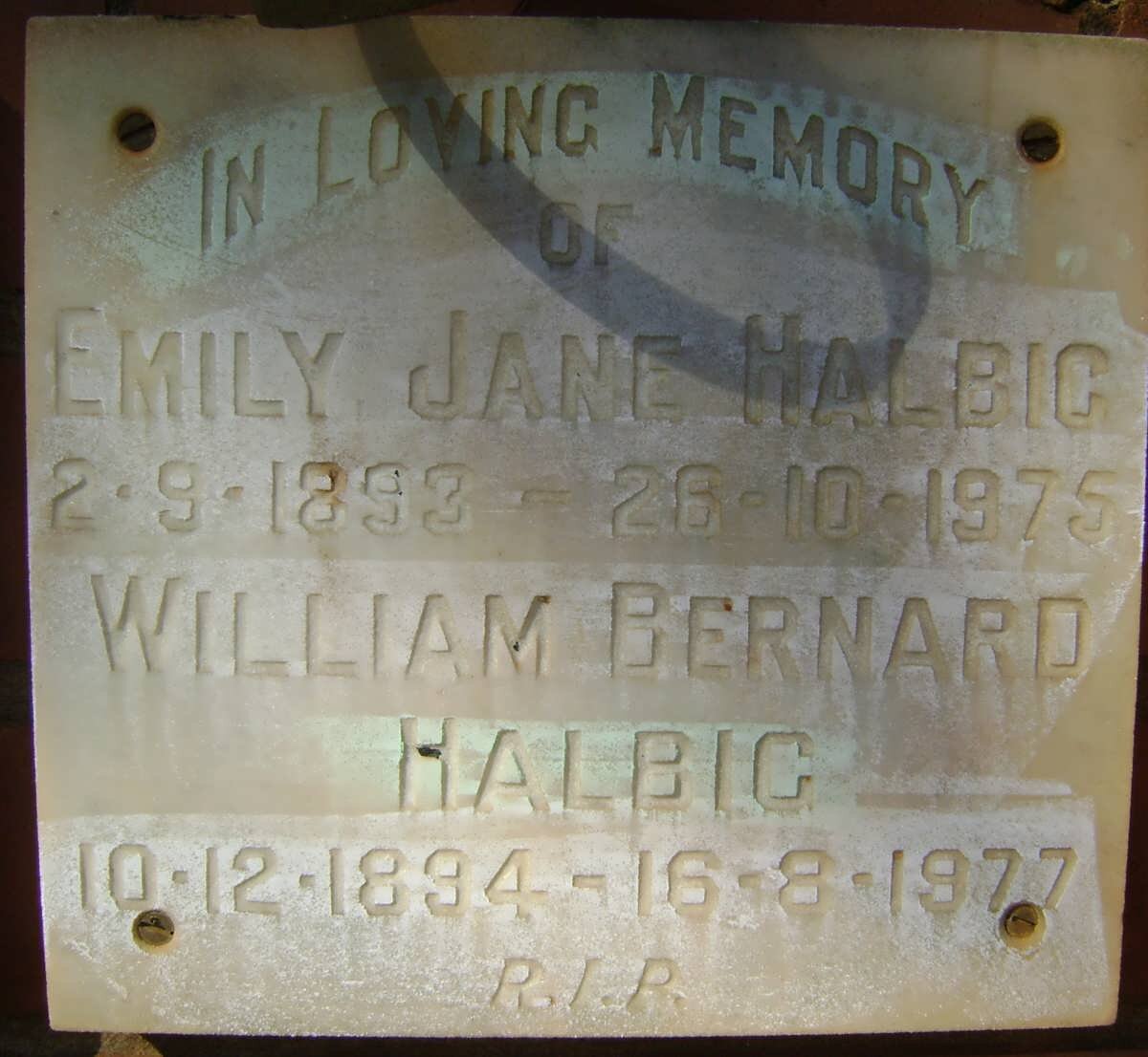 HALBIG William Bernard 1894-1977 &amp; Emily Jane 1893-1975