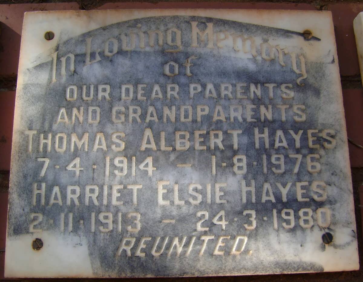 HAYES Thomas Albert 1914-1976 &amp; Harriet Elsie 1913-1980