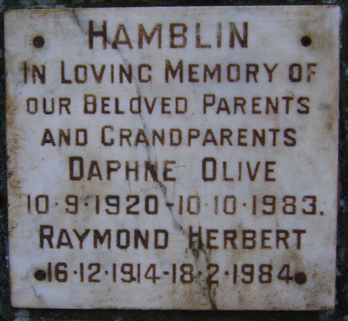HAMBLIN Raymond Herbert 1914-1984 &amp; Daphne Olive 1920-1983