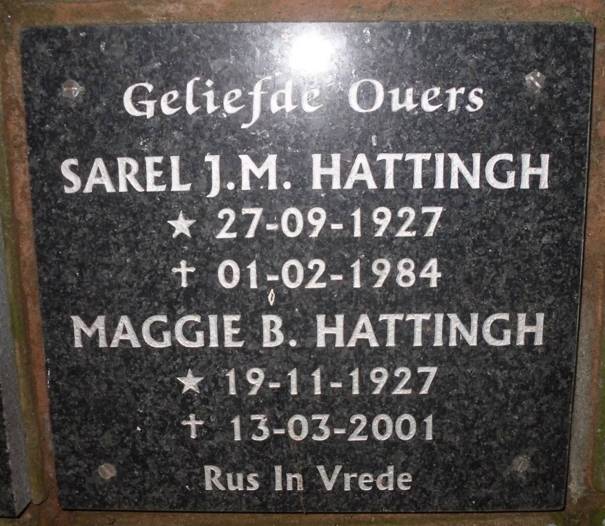 HATTINGH Sarel J.M. 1927-1984 &amp; Maggie B. 1927-2001