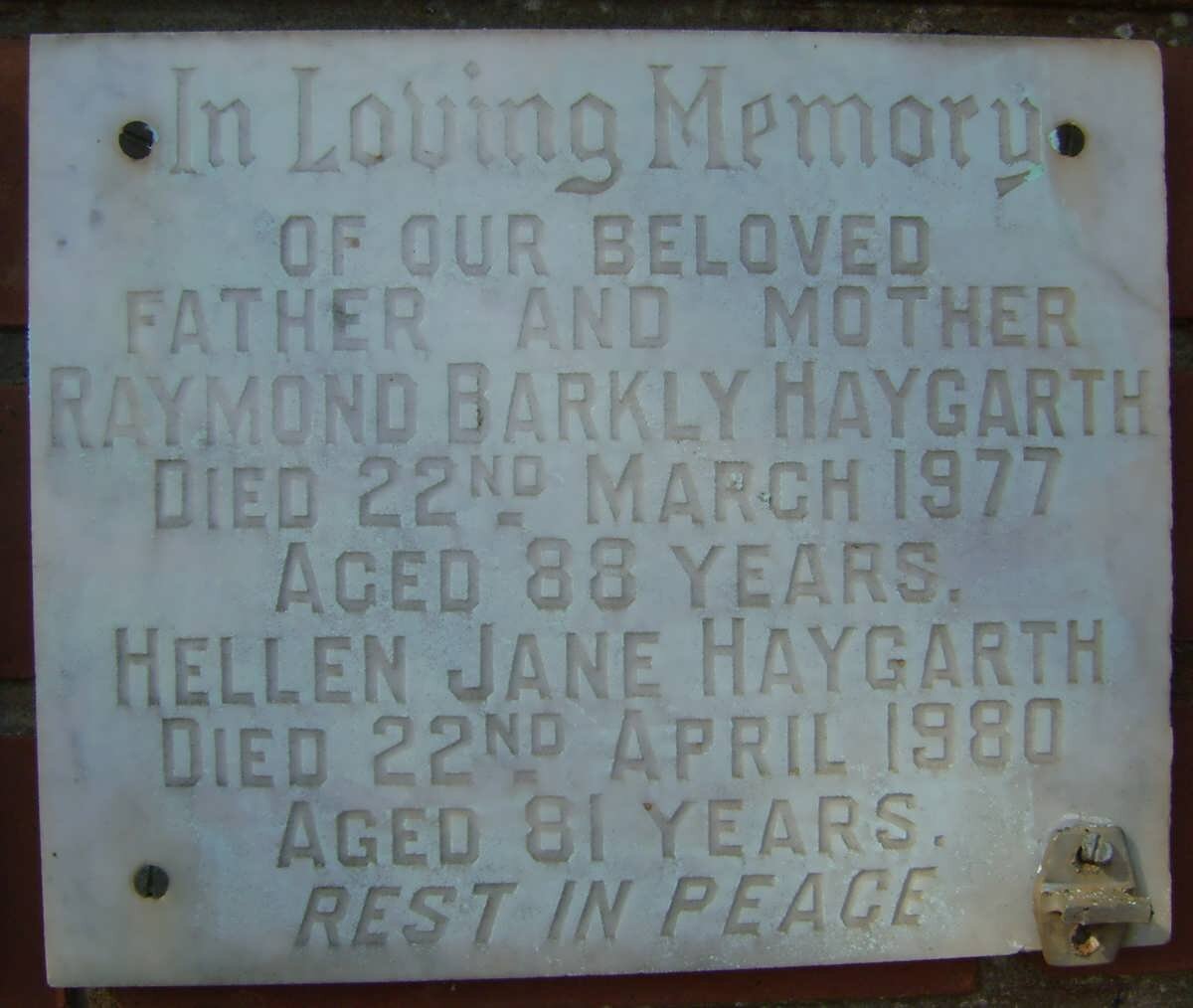 HAYGARTH Raymond Barkly -1977 &amp; Hellen Jane -1980