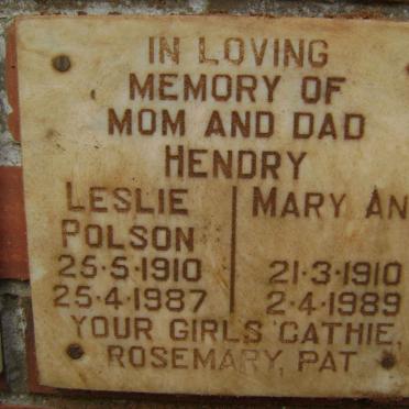 HENDRY Leslie Polson 1910-1987 &amp; Mary Ann 1910-1989
