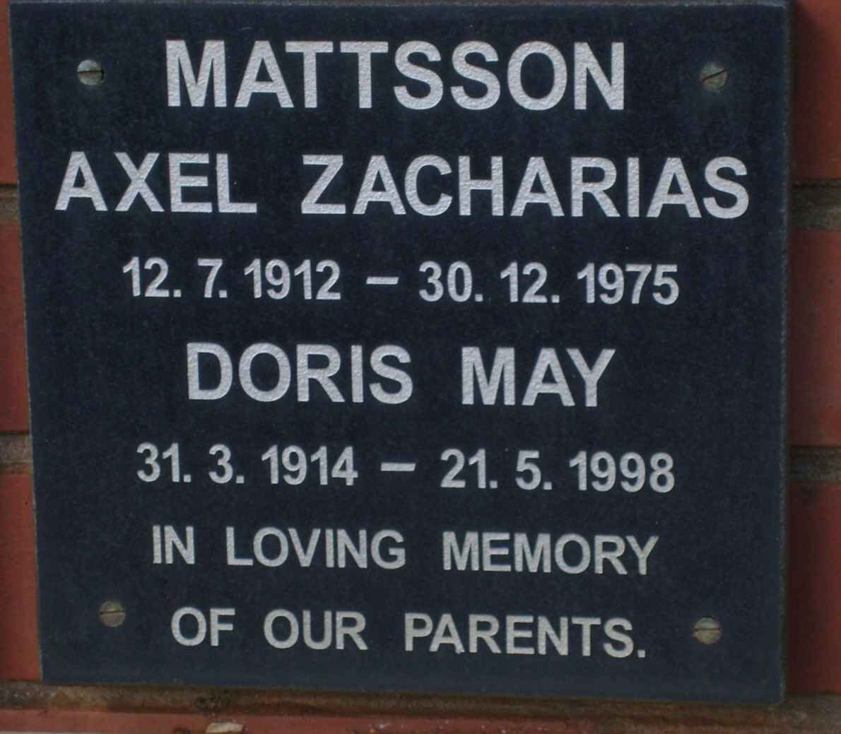 MATTSSON Axel Zacharias 1912-1975 &amp; Doris May 1914-1998