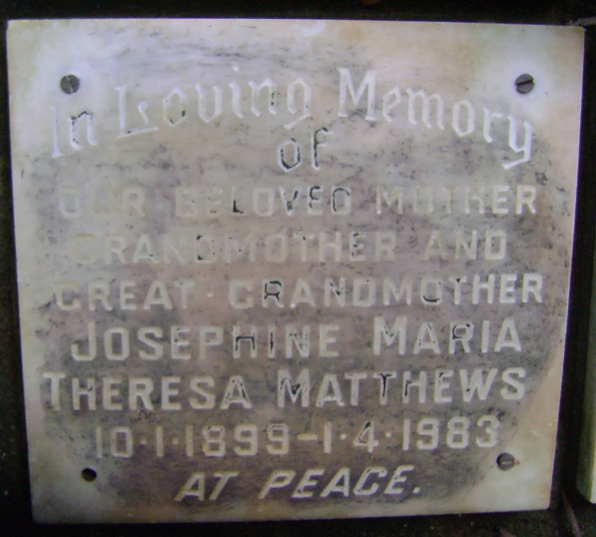 MATTHEWS Josephine Maria Theresa 1899-1983