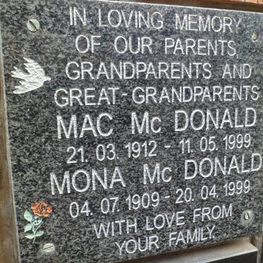 Mc DONALD Mac 1912-1999 &amp; Mona 1909-1999