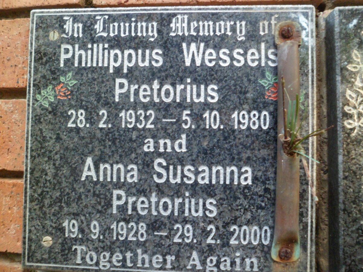 PRETORIUS Phillippus Wessels 1932-1980 &amp; Anna Susanna 1928-2000