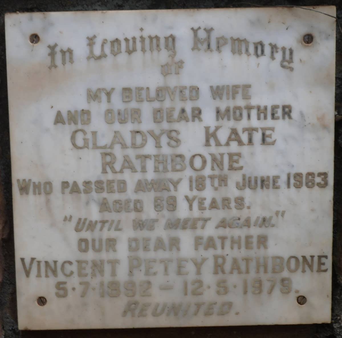 RATHBONE Vincent Petey 1892-1979 &amp; Gladys Kate -1963