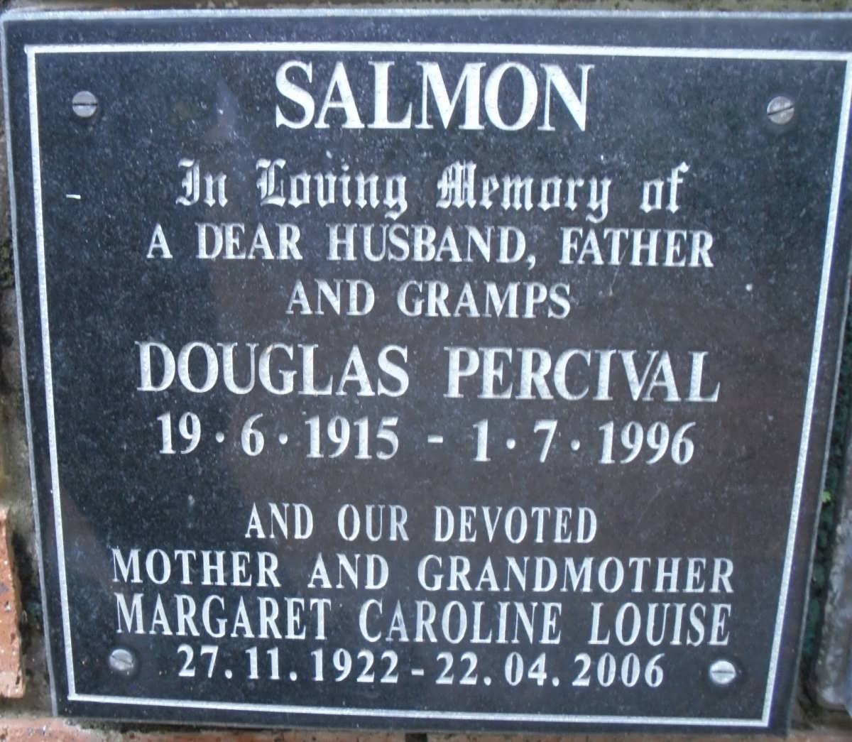 SALMON Douglas Percival 1915-1996 &amp; Margaret Caroline Louise 1922-2006