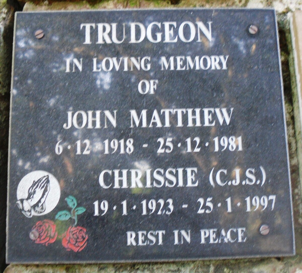 TRUDGEON John Matthew 1918-1981 &amp; C.J.S. 1923-1997
